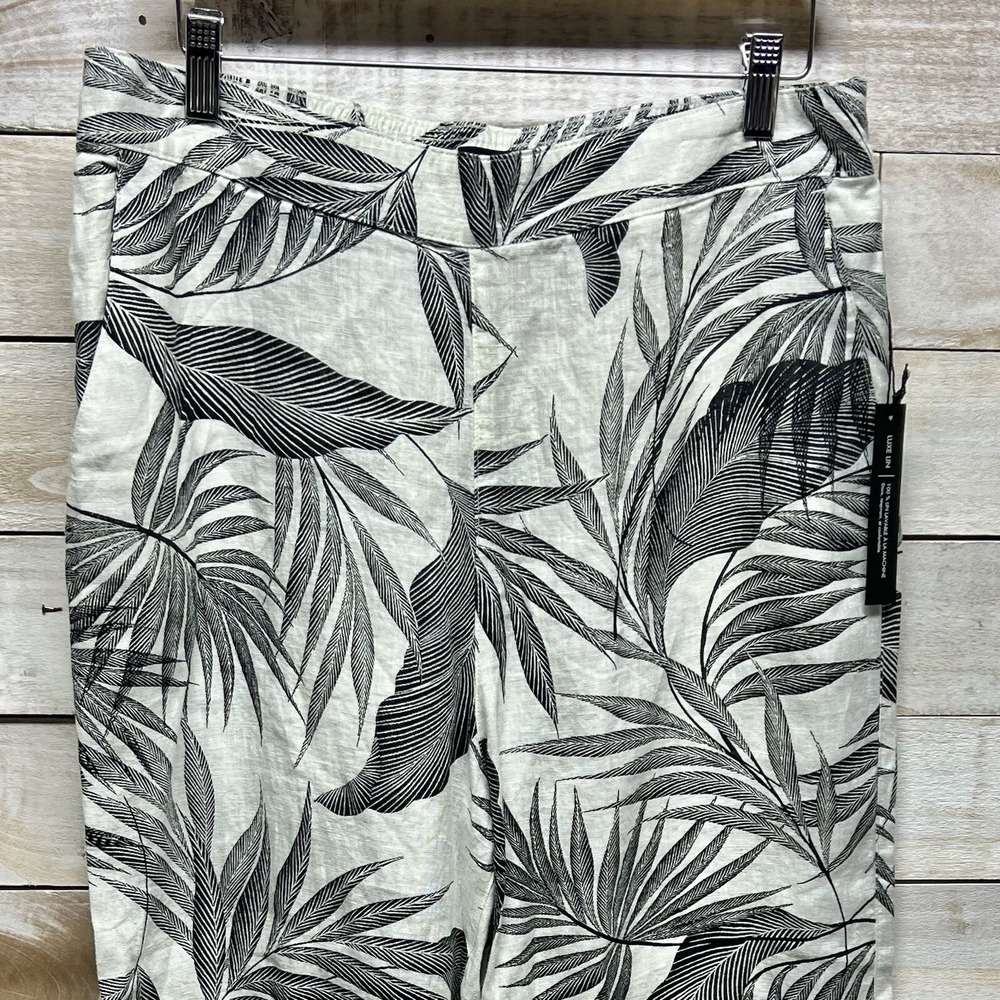 Tahari Wide Leg Linen Pants Womens Large Black White Tropical Pull On Resort - Picture 3 of 10